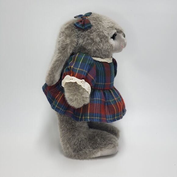 Russ Bunny Plush Beverly Gray Rabbit Plaid Dress Bow Stuffed Animal Toy 13" - Picture 4 of 9